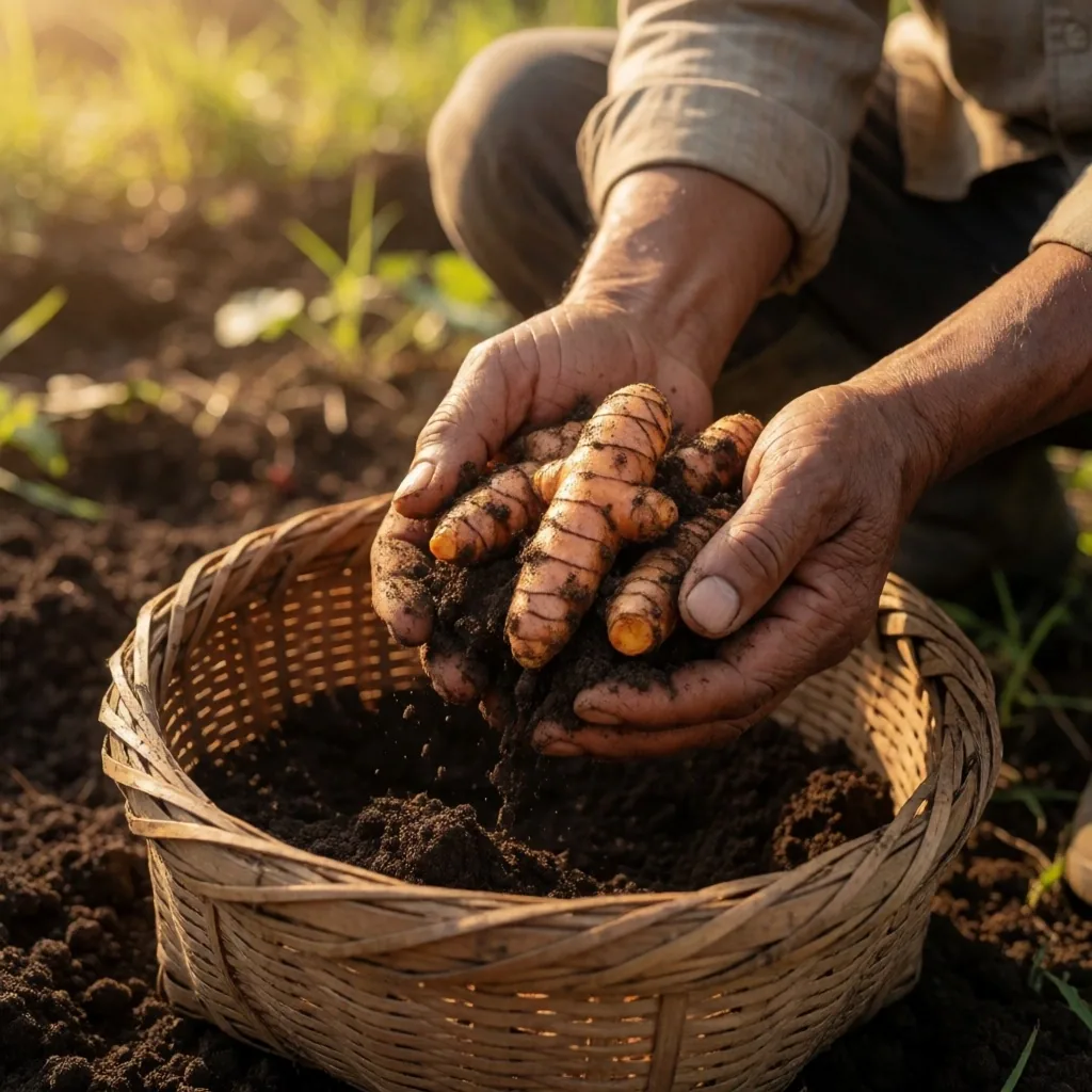 Farmer holding freshly harvested turmeric roots