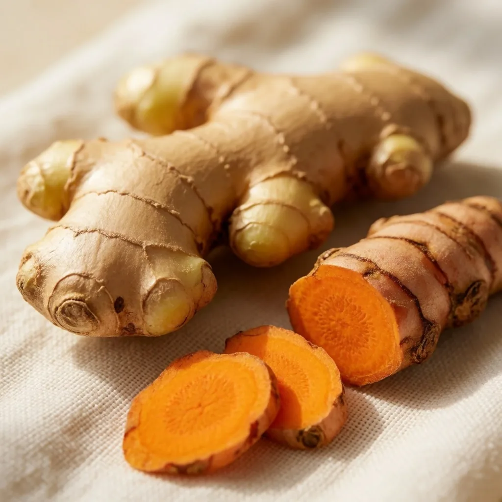 Fresh Indonesian ginger root and turmeric on linen