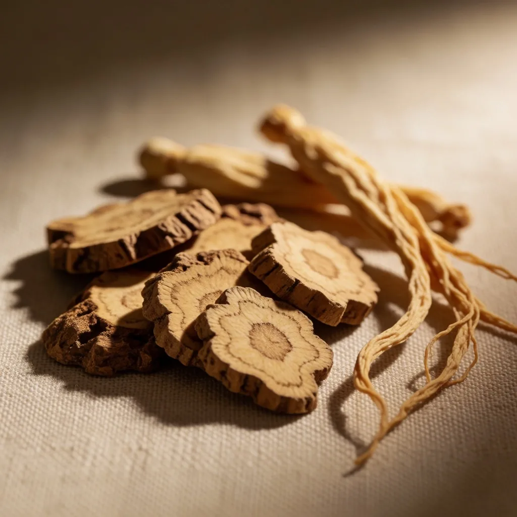 Raw herbal roots on a linen surface