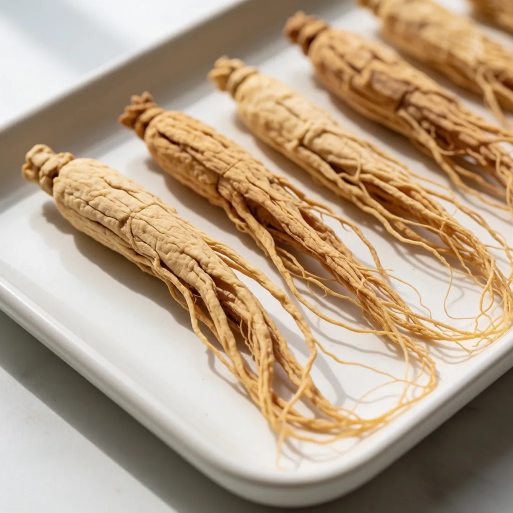 Dried ginseng root on porcelain plate