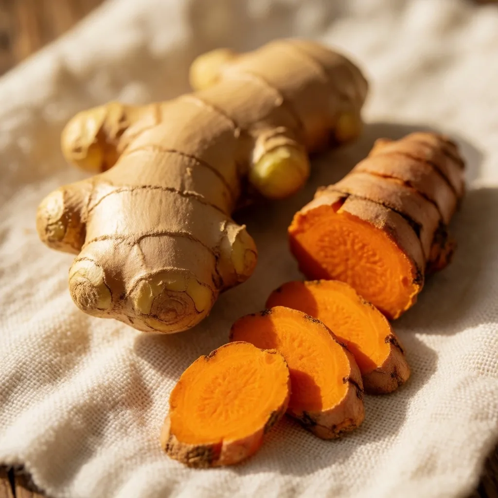 Fresh ginger root and turmeric rhizome on linen