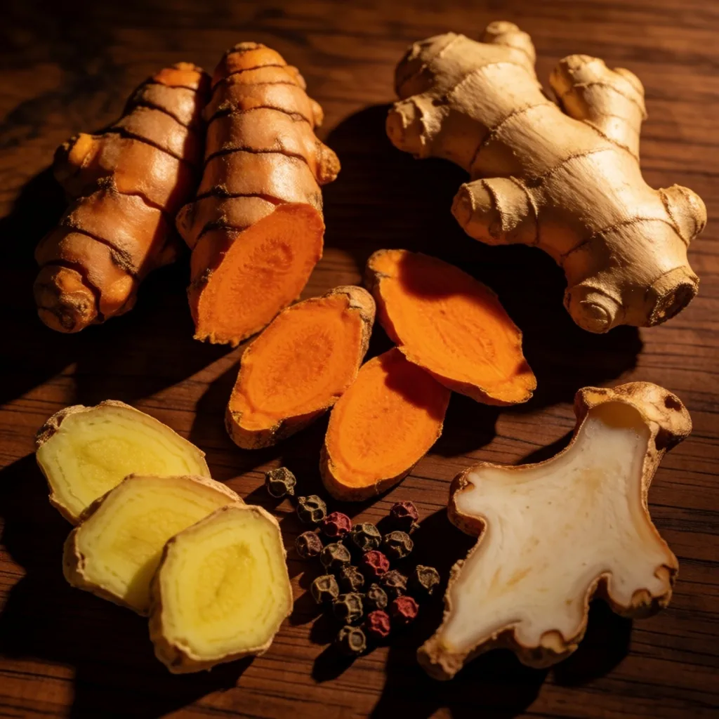 Indonesian Jamu botanical ingredients on teak
