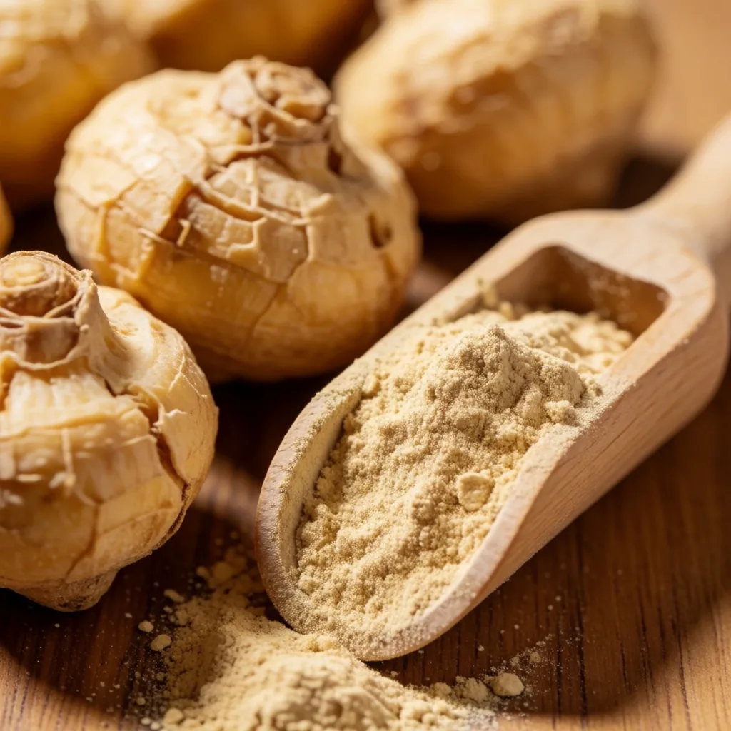 Maca root powder and whole roots on birch