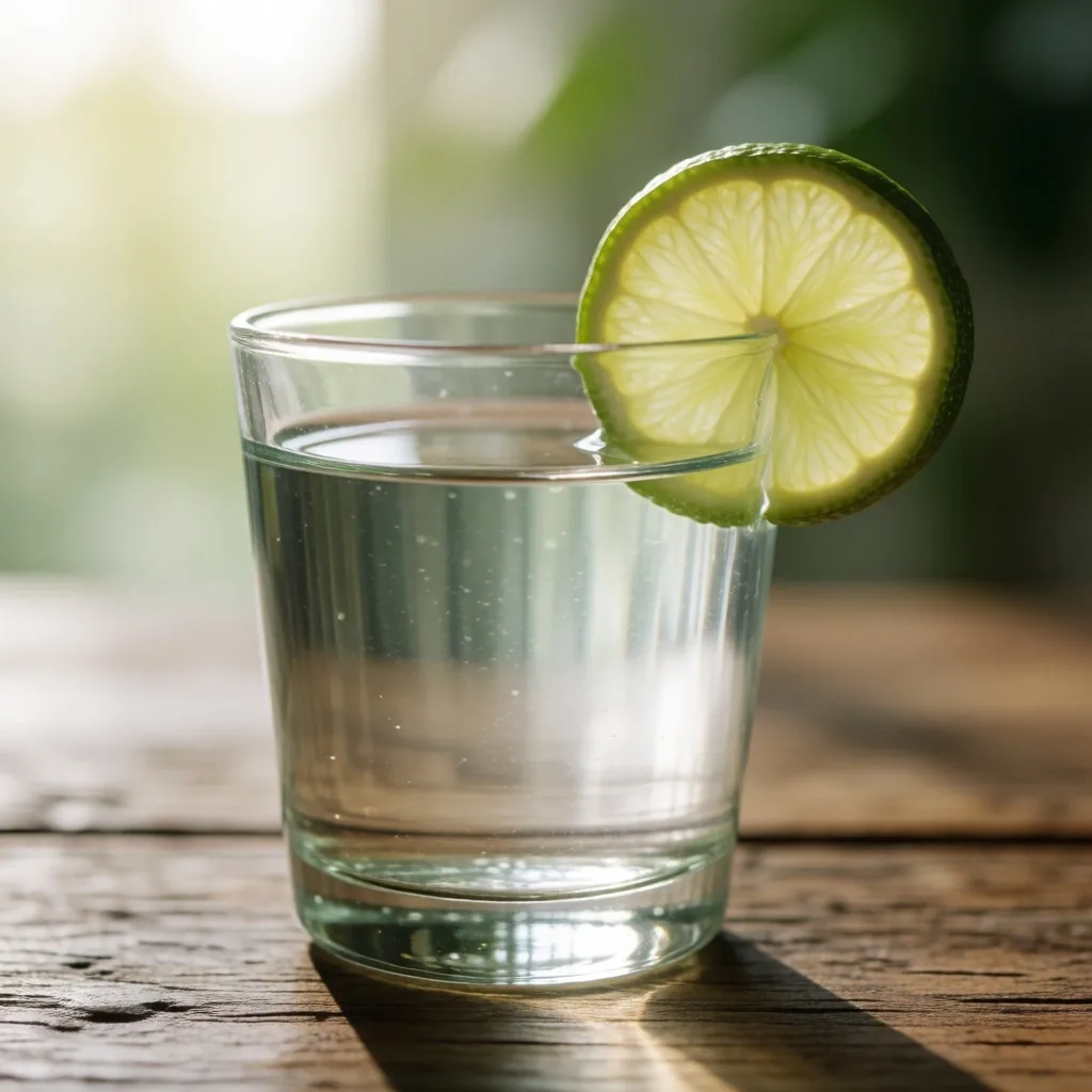 Glass of water with lime on a wooden table in morning light