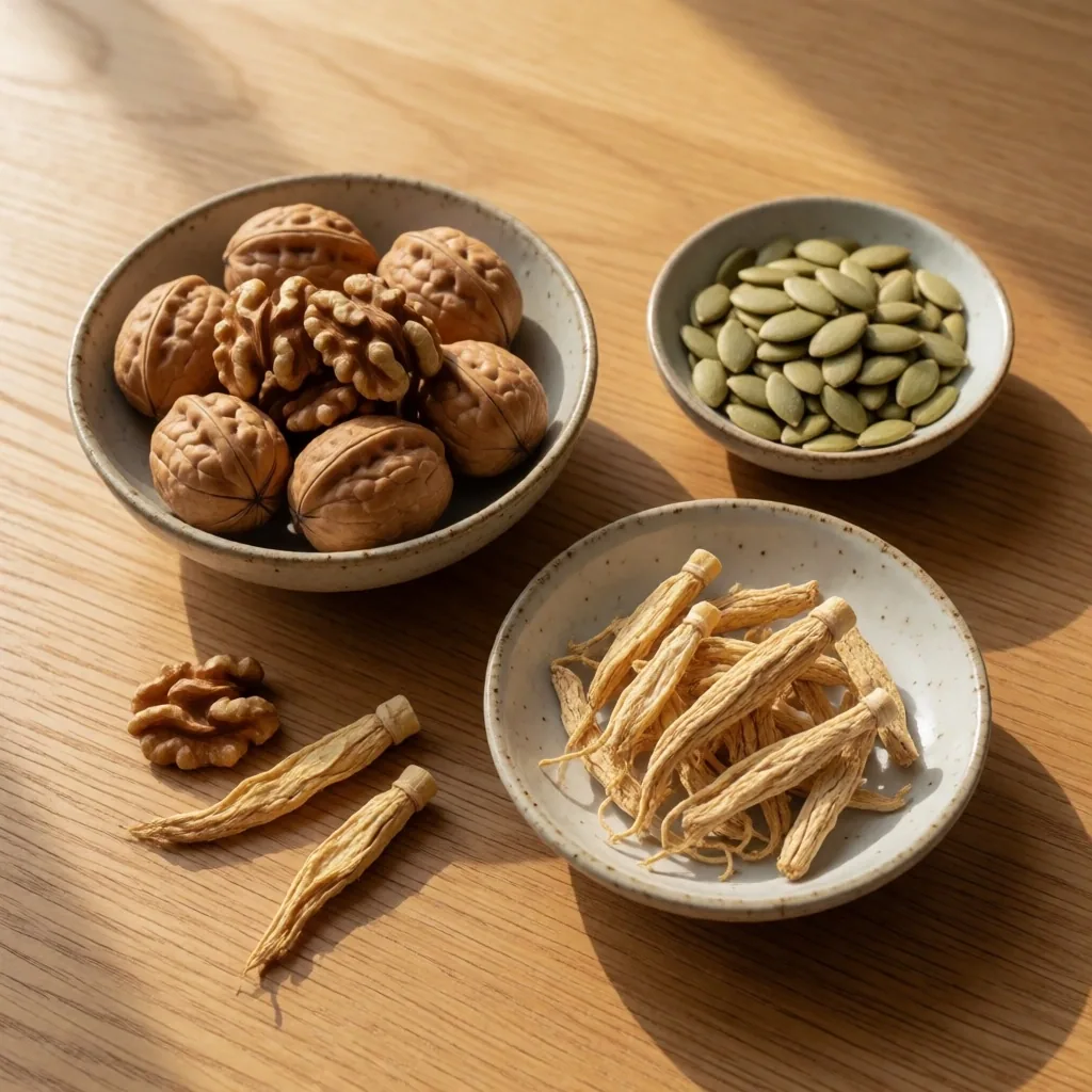Raw nuts seeds and dried herbs in small bowls on wood