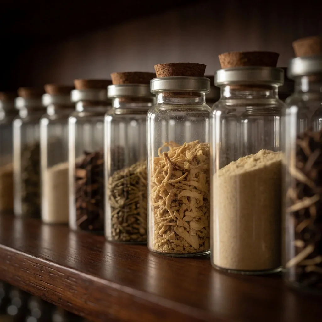 Glass vials of herbal specimens on a wooden shelf