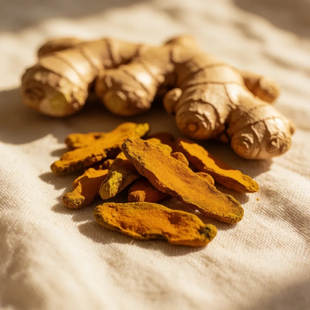Arrangement of dried turmeric and ginger roots on linen
