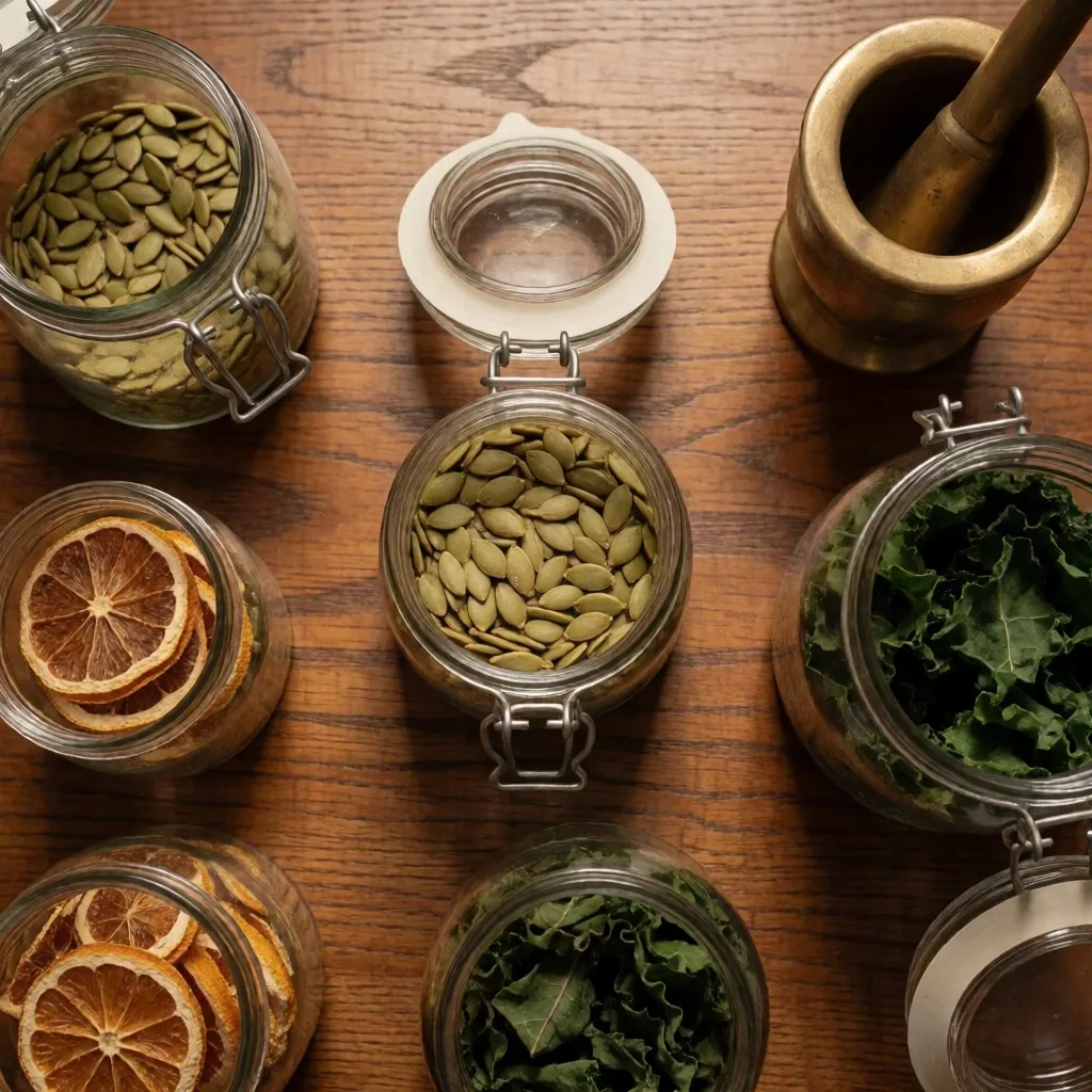 Natural supplement ingredients arranged on a wooden table